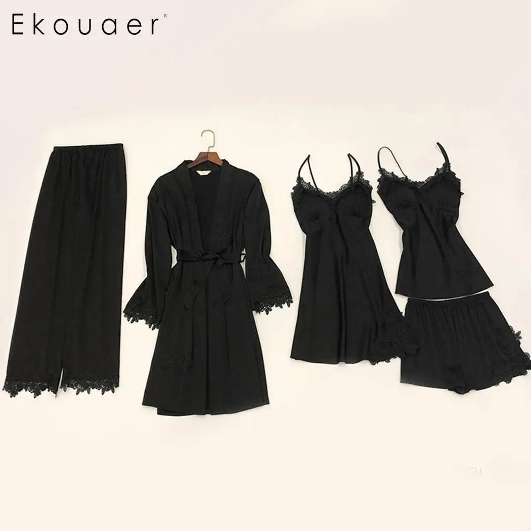 Ekouaer/5 шт./лот Женский пижамный комплект кружевной банный халат и ночная рубашка