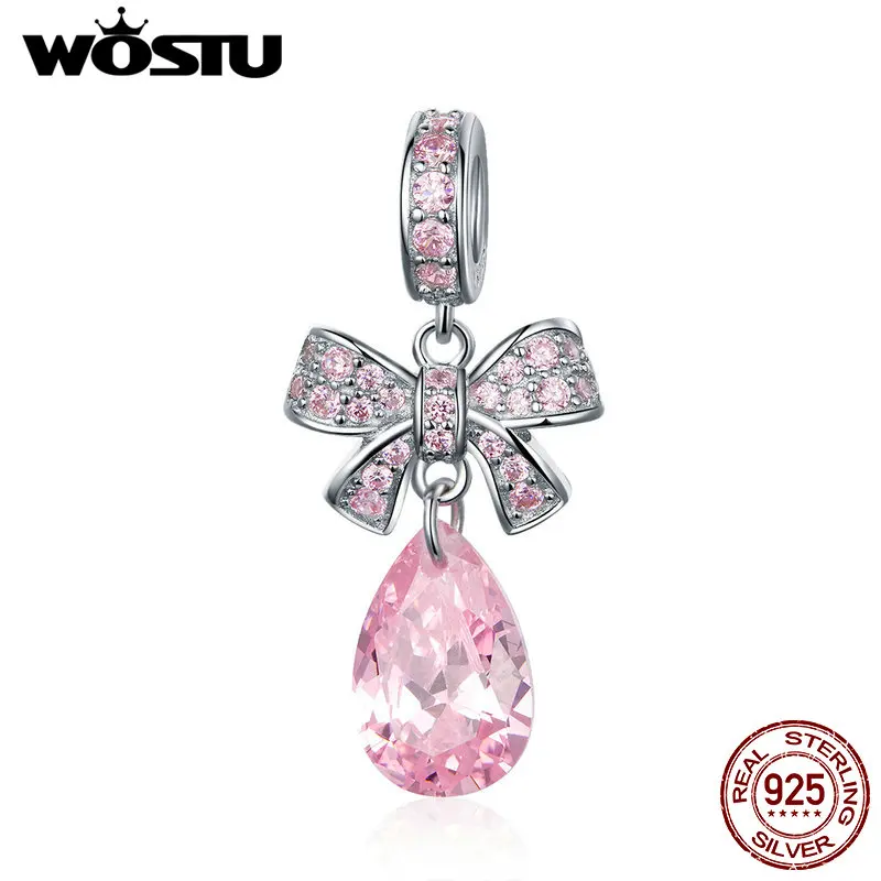 

WOSTU 925 Sterling Silver Pink Bowknot Bead Charms Pendant Fit Original Charm Bracelet Luxury Jewelry Gift For Women CQC1074