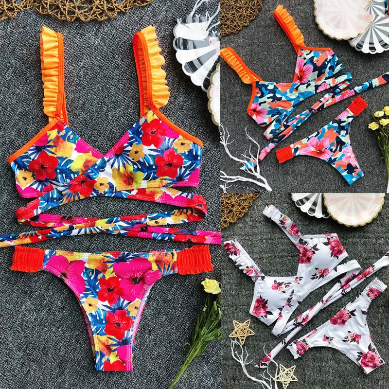 Женский цветочный Купальник бикини купальный костюм треугольный купальник