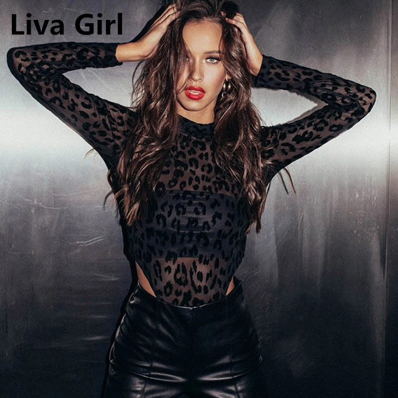 Liva девушка сексуальный Леопард Боди женские топы Сетка печать на прозрачной