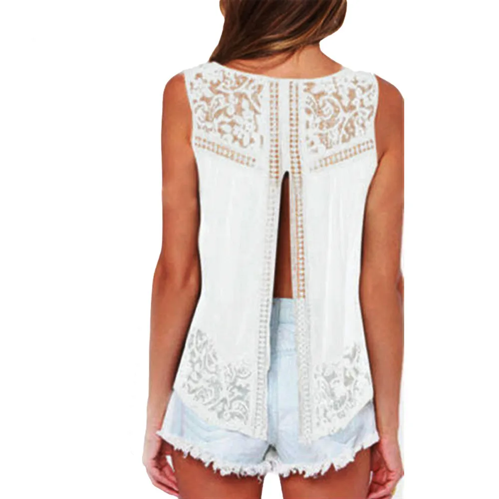 

Women Casual Chiffon Blouse Shirts Crocheted Lace Sleeveless Vest Sexy Open Back Tank Tops Blusas Feminina Summer Sexy Top S-4XL