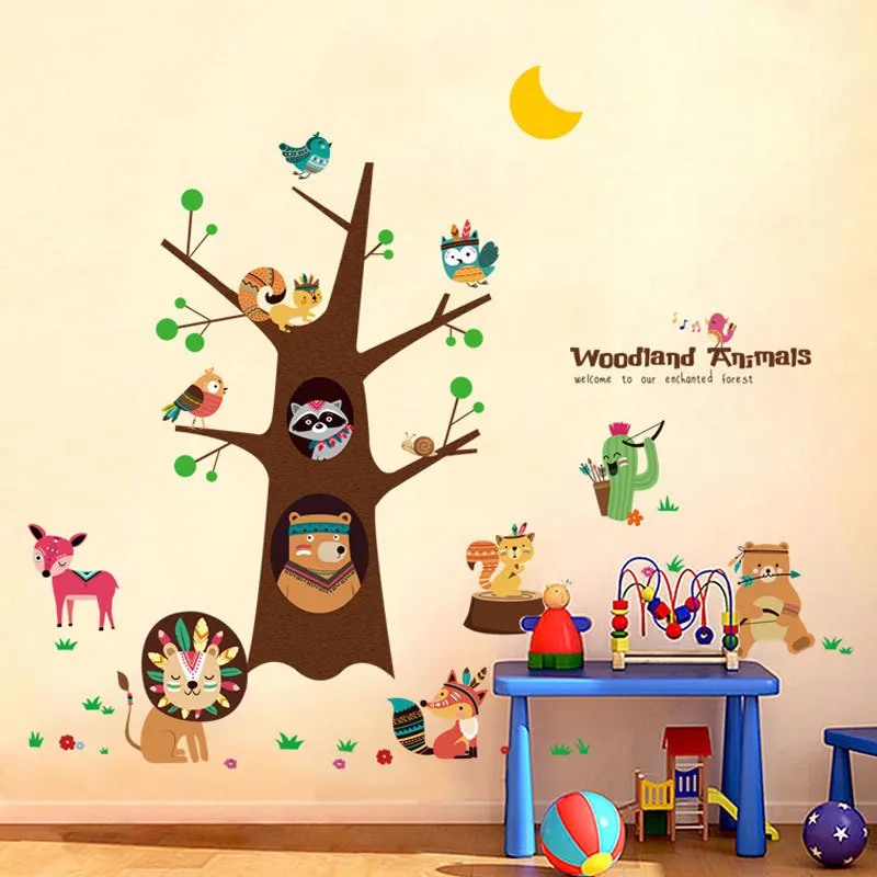 Cartoon Animal Tree Wall Sticker Children Bedroom Stickers For Kids Rooms Baby Room Decoration Mural | Дом и сад