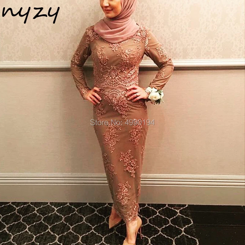 

NYZY MW3 Arabic Muslim Hijab Evening Dress Long Sleeves Jewel Beaded Mermaid Formal Dress Party Gown robe soiree dubai 2019