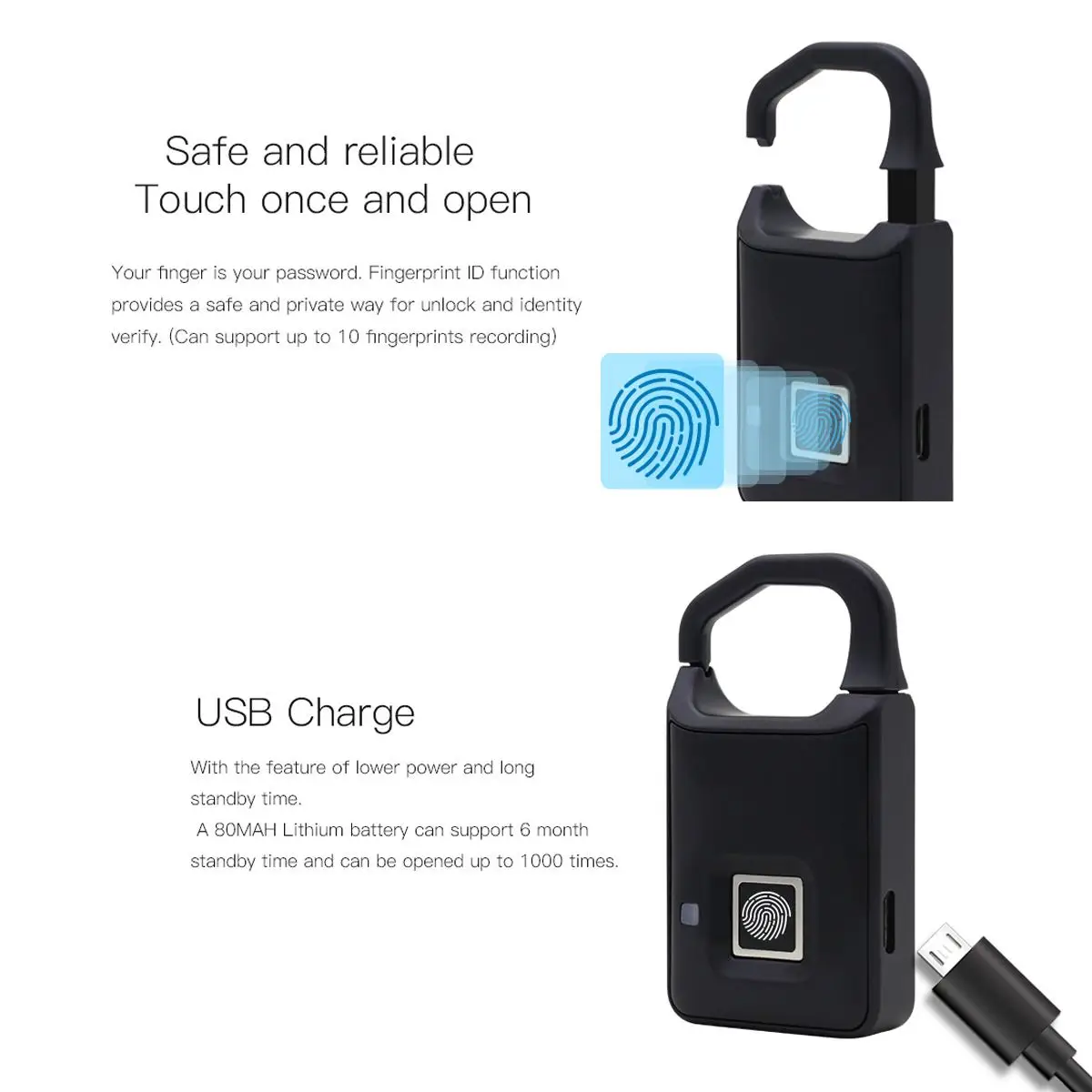 USB Перезаряжаемый умный БЕСКЛЮЧЕВОЙ замок со сканером отпечатков пальцев
