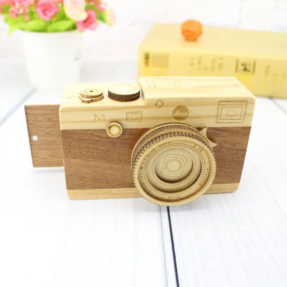 Engraved Wooden Music Box Musical Boxes Classic Camera Shape Clockwork Mechanism Sankyo Christmas Ornaments Gift | Дом и сад