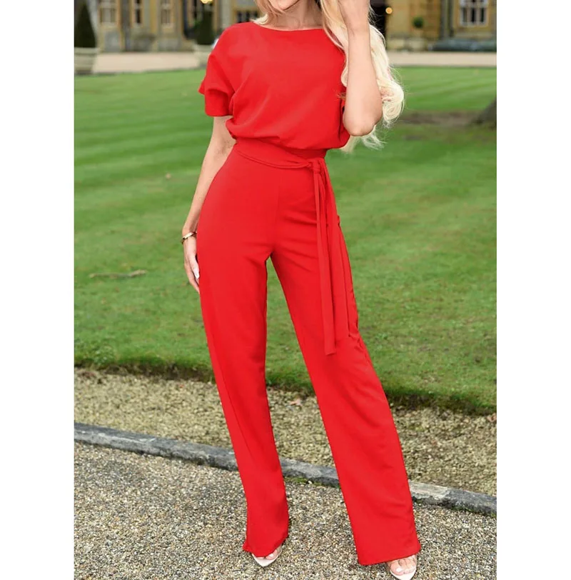 Женский Длинный комбинезон с поясом сексуальный коротким рукавом длинные брюки