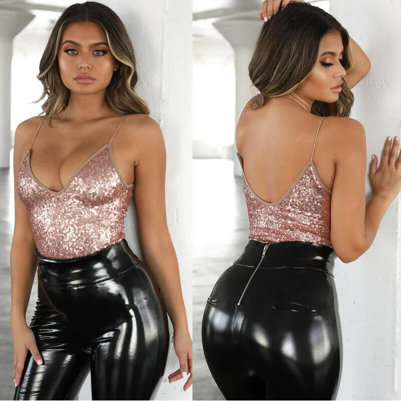 

2019 Summer Clubwear set One piece sexy women Newest Sequined sleeveless Deep V Fashion rompers bodysuits bling clothes female