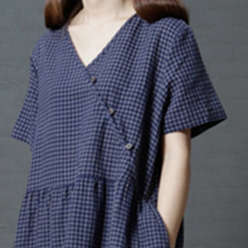 Женское летнее клетчатое хлопковое льняное платье с v-образным вырезом Дамский
