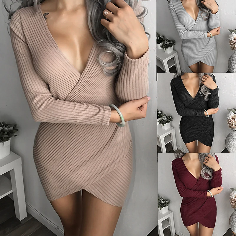Winter bottoming sweater dress women's thin pullover knit ladies deep V sexy | Женская одежда