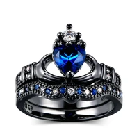 blue for women heart shaped crown ring fashion black gold wedding stainless steel rings anillo mujer aneis feminino