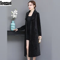 nerazzurri winter long fluffy real fur coat women thicken warm soft natural sheep shearling overcoat with lapel long sleeve 2021