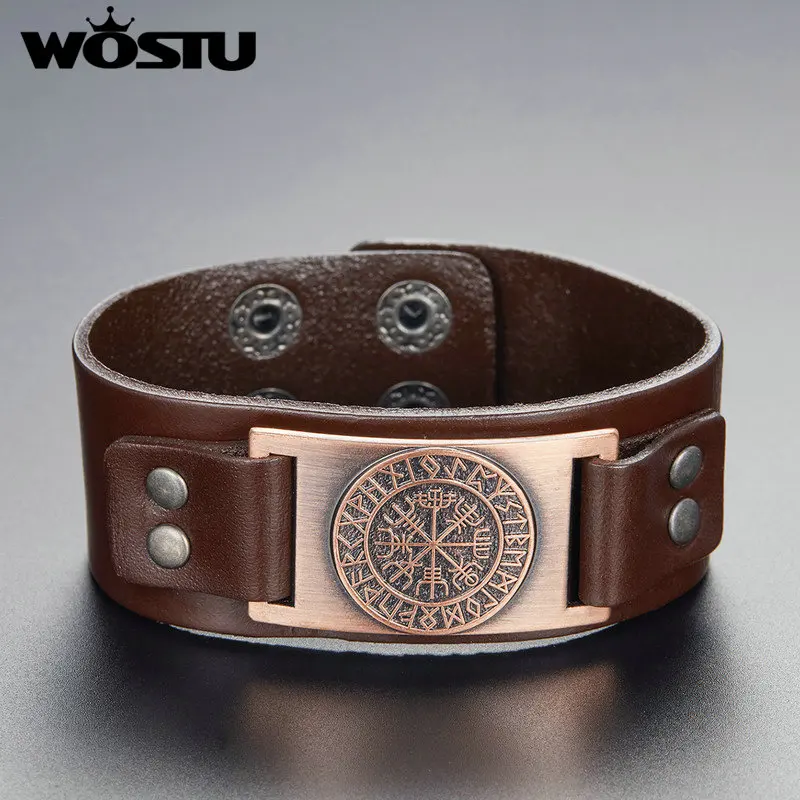 WOSTU 2019 Viking Vegvisir Compass Bangle Bracelet Ancient legend Nordic Runes Men Jewelry Odin Symbol Leather Bracelets SDQ0351 | Украшения