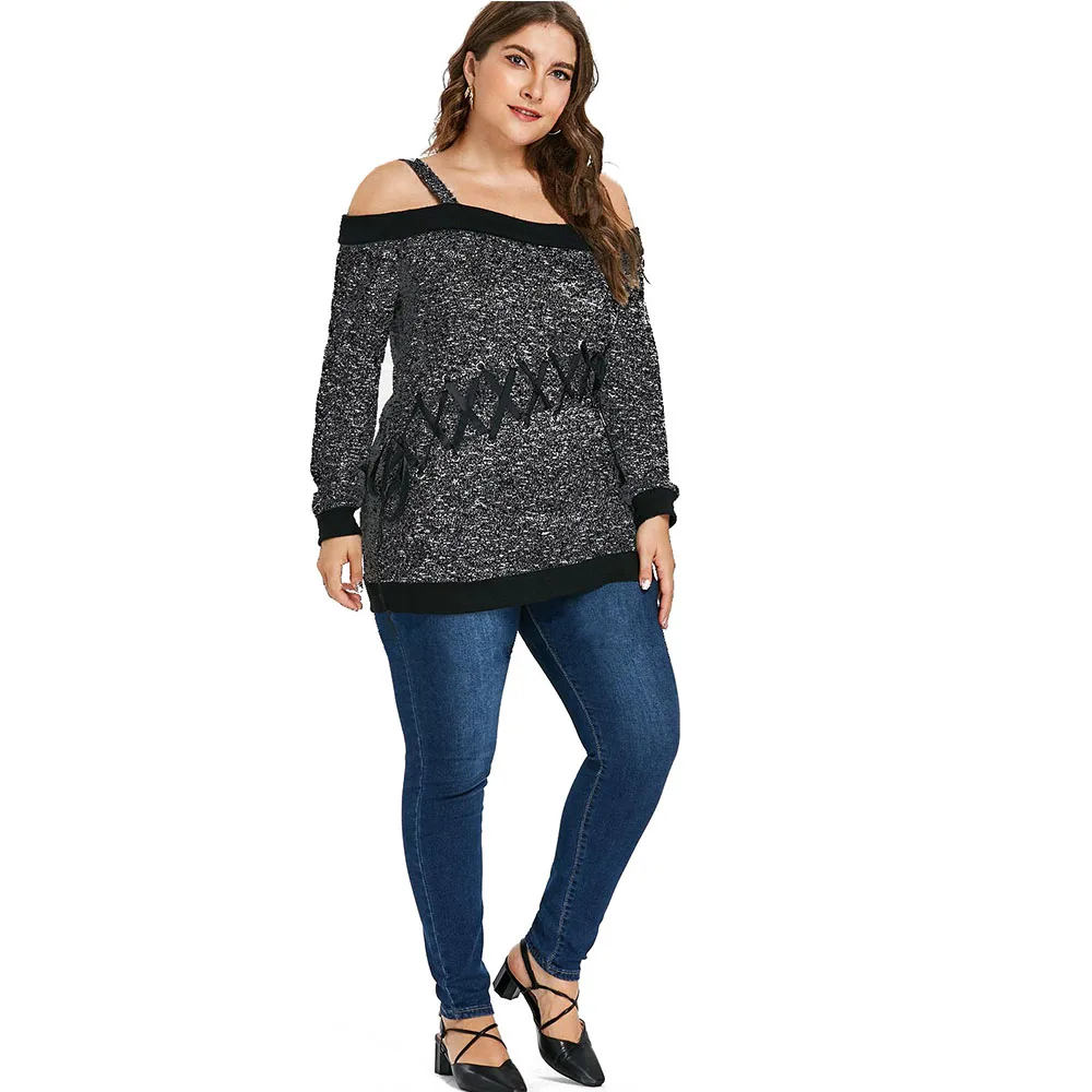Wipalo Plus Size Spaghetti Strap Cold Shoulder Long Sleeves T-Shirt Women Casual Solid Weaving Tie Top Spring Fall Clothing 5XL | Женская