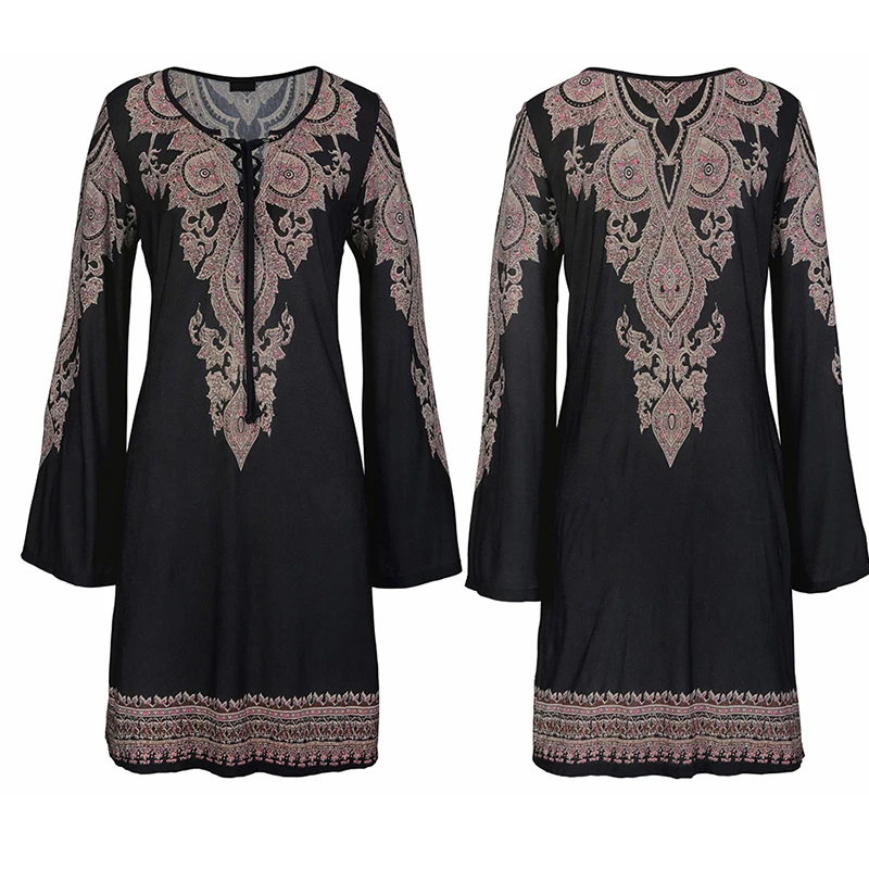 Женское платье с принтом и шнуровкой длинным рукавом свободное повседневное