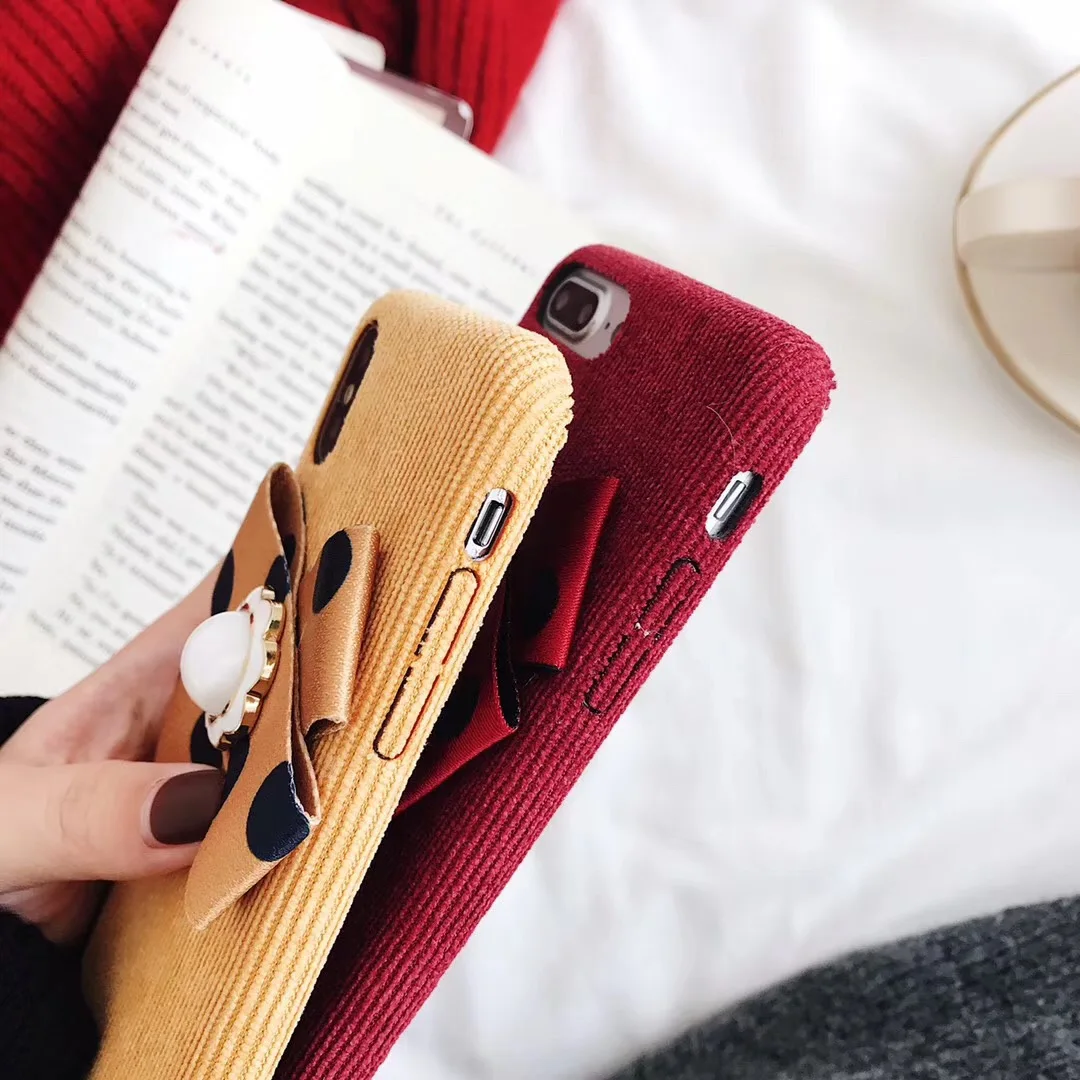 Autumn Winter Simple Corduroy Polka-dot Bow Mobile Phone Case for Iphone XR XS MAX Half-pack Back Cover 8 7 6 6splus Capa |