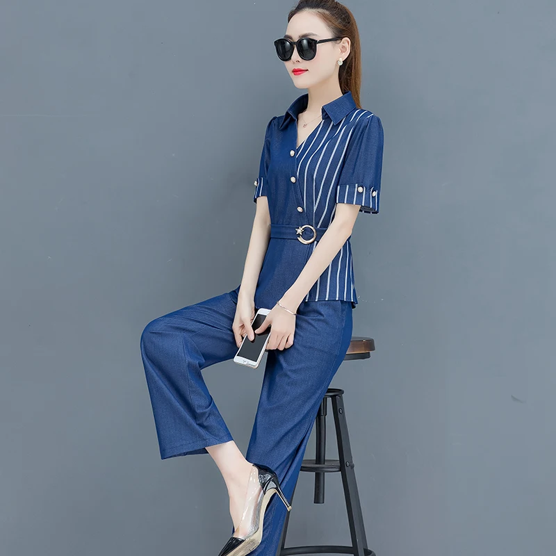 2019 летние женские модные джинсовые топы с вертикальными полосками + широкие