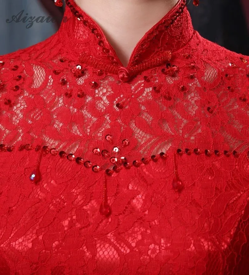 Spring Red Long Cheongsam China Bride Lace Qi Pao Women Chinese Traditional Wedding Dress Qipao Robe Orientale Evening Dresses |