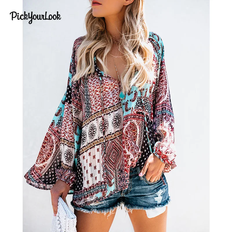 Pickyourlook Женские топы и блузки с длинным рукавом богемные пляжные свободные