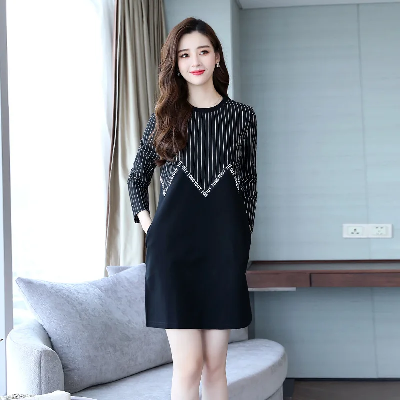 

2018 Autumn New Pattern European Will Code Easy Thin Round Neck Stripe Hit Color Long Sleeve A Word Dress