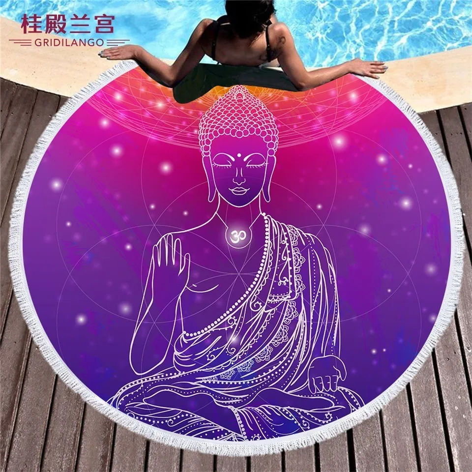 GRIDILANGO Buddha Statue Pattern Round Beach Towel For Adult Quickly Absorbtable Swimming Travel Outdoor Yoga Mat Bath | Дом и сад