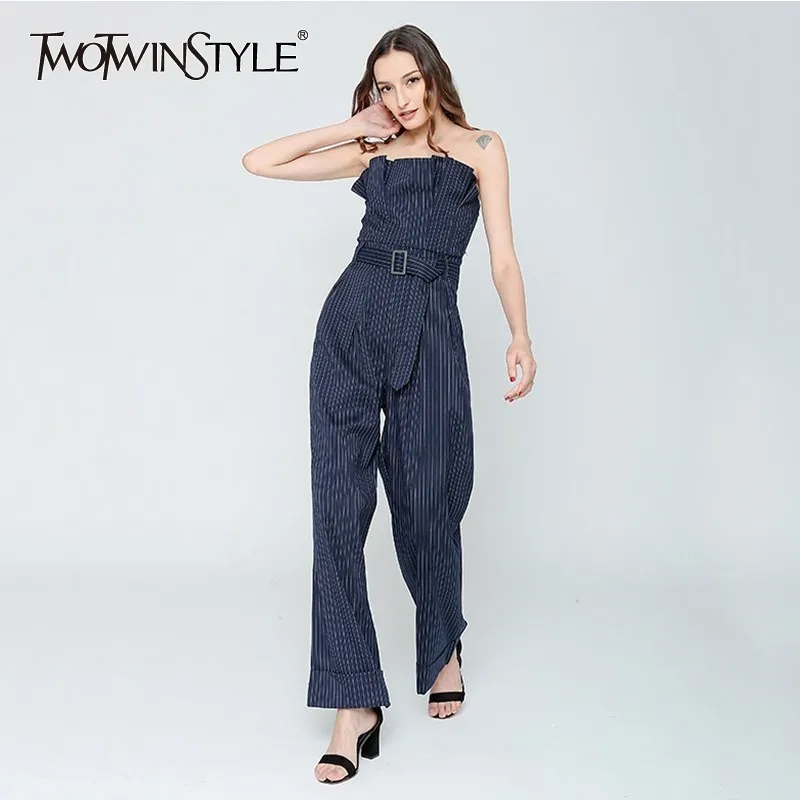 Женский комбинезон TWOTWINSTYLE с открытыми плечами в полоску без бретелек высокой