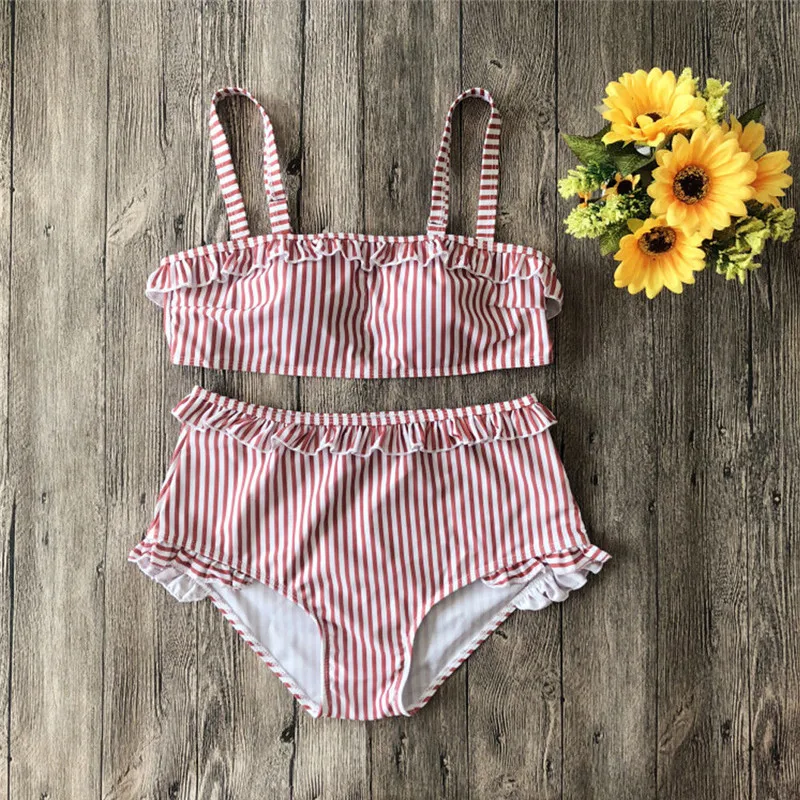 

Women Red&WhiteStriped Swimwear Ruffles High Waist Bandage Push-Up Bikini Set Female Triangle Swimsuit Beachwear Maillot De Bain