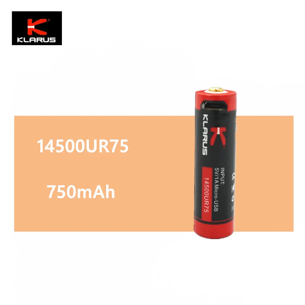 1 шт. KLARUS 14500RU75 14500 750 мАч 2 77 Вт 3 7 в литий ионный аккумулятор с зарядным портом Micro USB