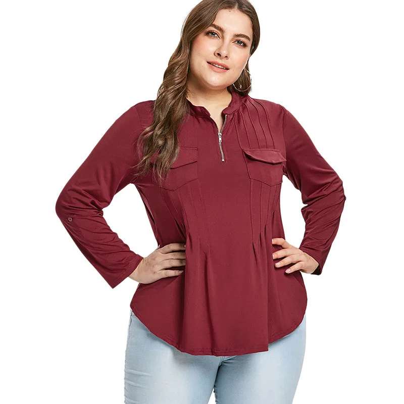 2018 плюс Размеры передние карманы Half Zip футболка Для женщин осень-зима v-образным