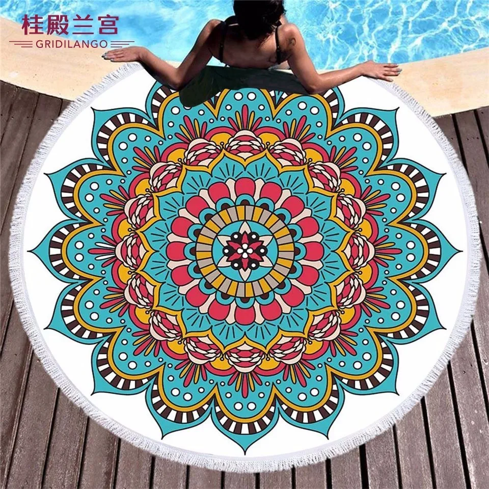 GRIDILANGO Mandala Bohemia Geometric Color Round Beach Towel For Adult Microfiber Swimming Travel Home Decor Bath Dropship | Дом и сад