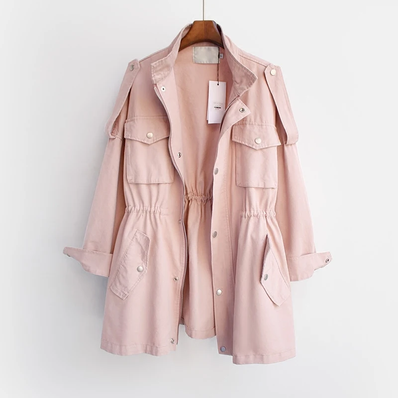 Брендовые женские Классические Карманы ветровка с длинным рукавом шнуровка