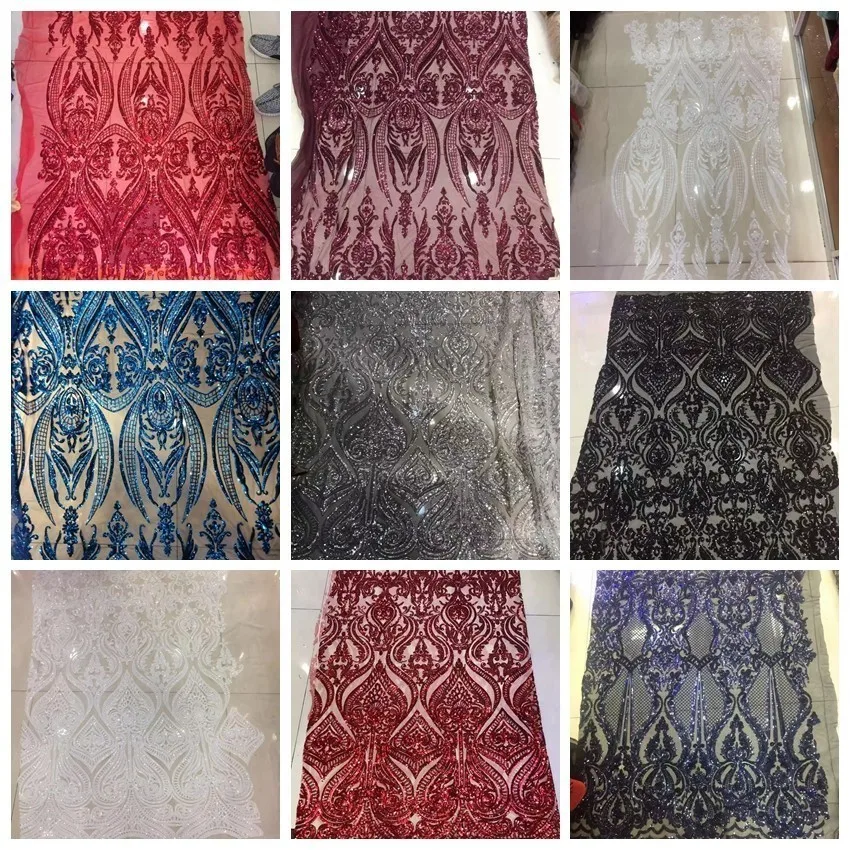 

2019 High Quality African Lace Fabric With Sequin Gold French Net Embroidery Sequins Tulle Lace Fabric For Nigerian Party Dress