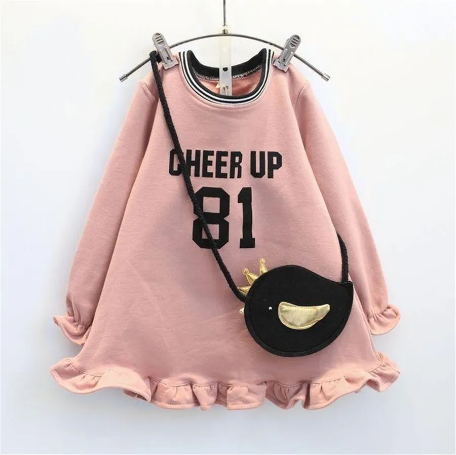 3 4 5 6 7 Years Kids Dresses For Girls Fashion Letter Print Thicken Princess Costume Plus Bags Long Sleeves Princesses | Детская одежда
