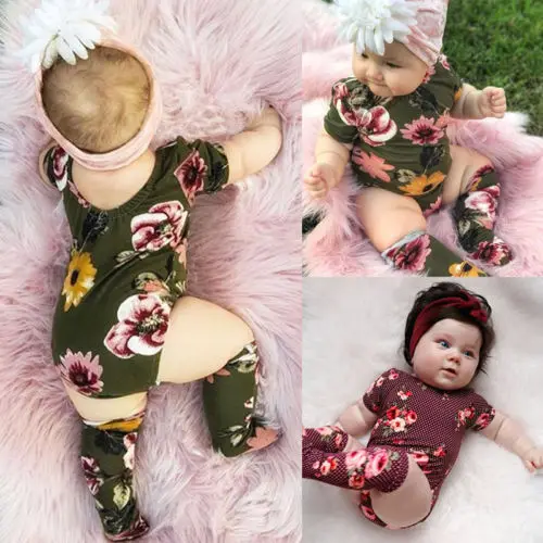 

Pudcoco Newborn Baby Girls Long Sleeve Floral Bodysuit Jumpsuit Playsuit Summer Clothes Outfit Sunsuit +Socks Leg Warmer