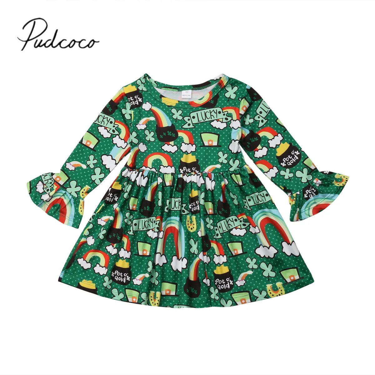 2019 Brand New Infant Kids Baby Girls Christmas Dress Ruffles Flare Sleeve Clover Rainbow Print Knee-Length Lucky 1-6Y | Детская одежда