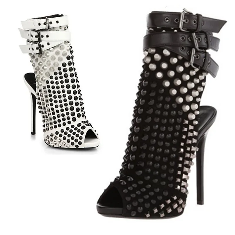 

Sexy Gladiator Metal Rivets Studs Ankle Boots Peep Toe Buckle Strappy Female Thin High Heels Summer Full Rivets Zapatos Bottes
