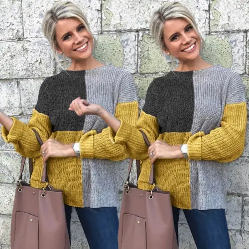 Fashion Womens Contrast Color Sweaters 2018 New Winter Long Sleeve Baggy Ladies Pullover Top Knitted Oversized Sweater S-XL | Женская