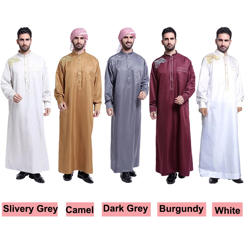 

Muslim Men Robe Embroidery Stand Collar Long Sleeve Pockets Maxi Gown islamic Clothing Men Middle East Arab Kaftan Abaya Thobe