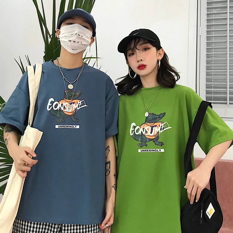 Harajuku Ulzzang футболка оверсайз с мультяшным принтом футболки коротким рукавом в