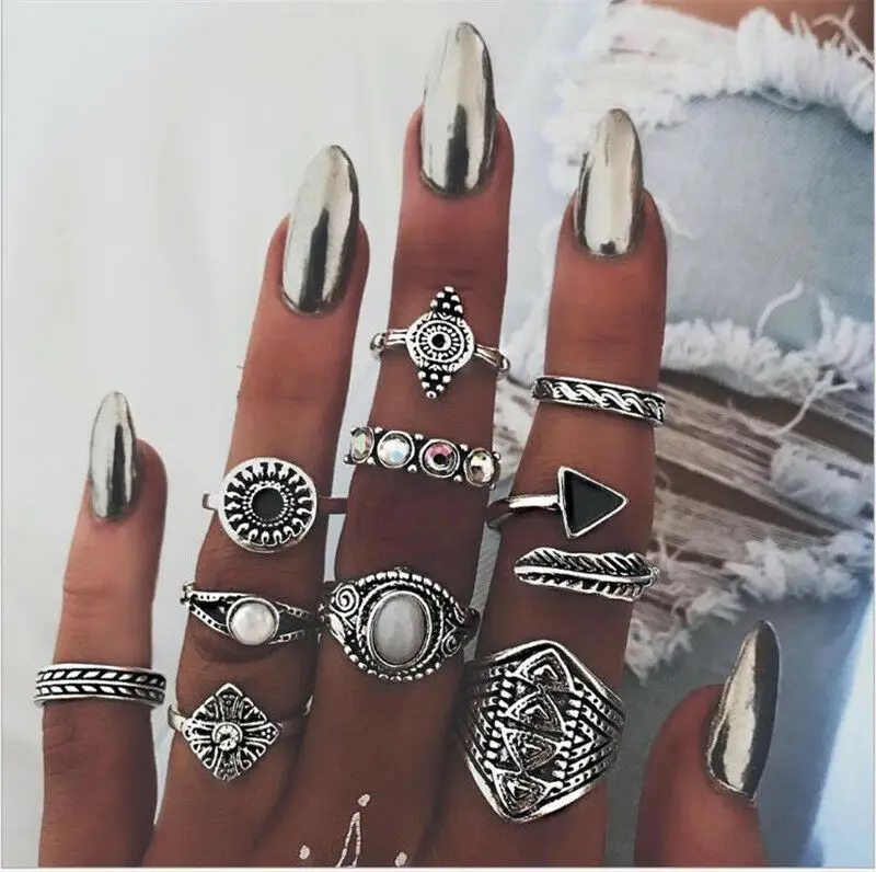 Ретро 10 шт./компл. женские богемные винтажные панк кольца на палец средней длины с