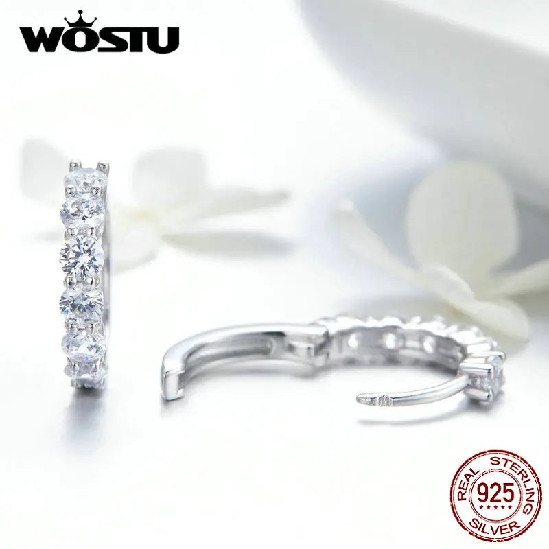 Женские серьги кольца WOSTU круглые из стерлингового серебра 925 пробы с прозрачным