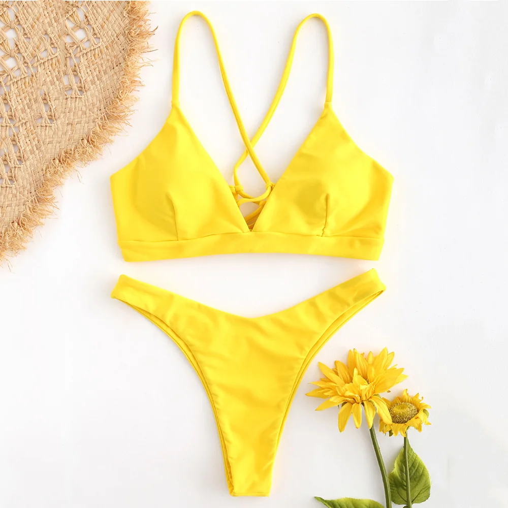 ZAFUL 2019 Bikinis Lace up Bikini Set Women Sexy Thongs High Cut Spaghetti Straps Bodysuit Solid Swimwear for Swimsuit |
