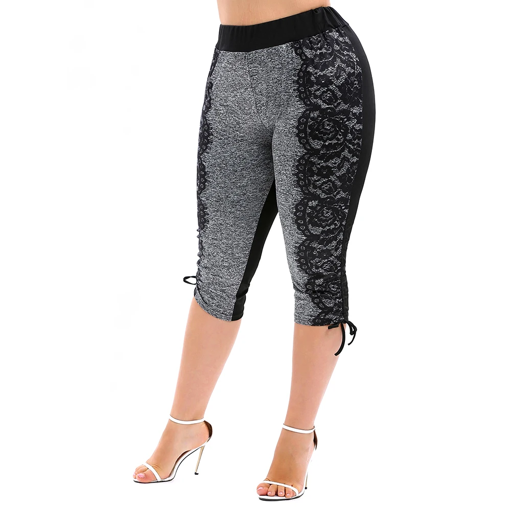 Плюс Размер Леггинсы 3D Кружева Печати Drawstring Капри Эластичный Высокой Талией
