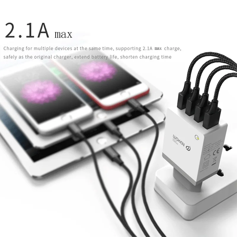 Wsken 4 USB зарядное устройство адаптер для iPhone iPad безопасная 2.1a Быстрая зарядка EU/US/UK вилка путешествия/настенное зарядное устройство для Samsung huawei Xiaomi