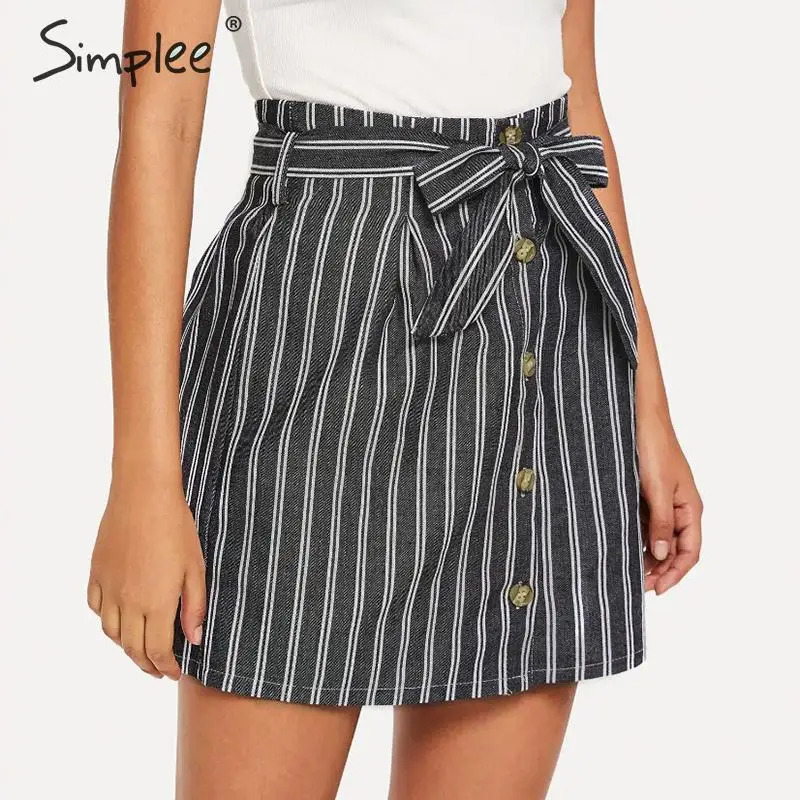 женская полосатая мини юбка Simplee синяя винтажная А-силуэта с высокой талией для