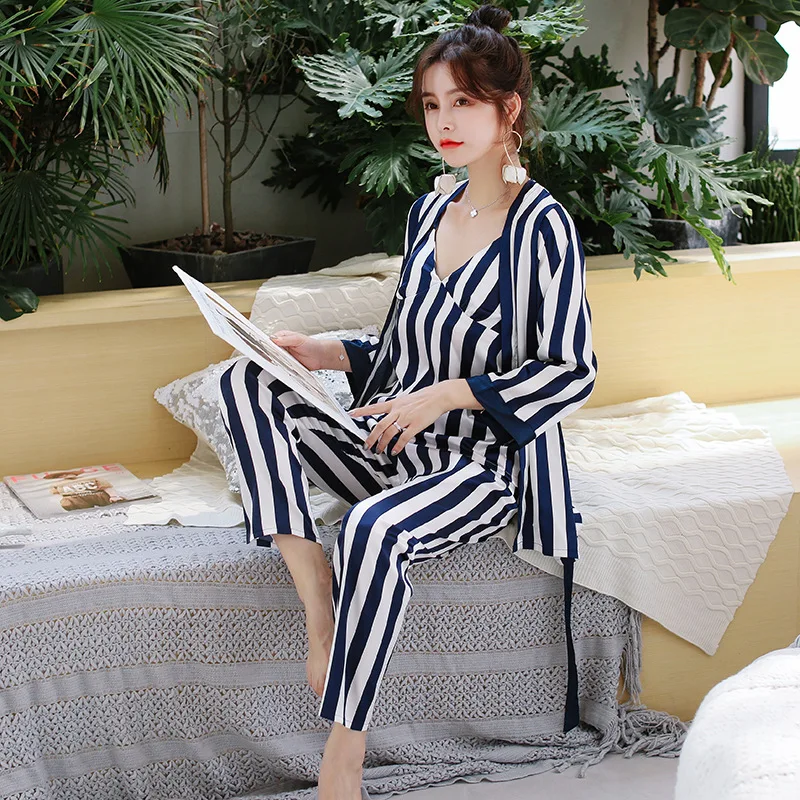 2019 Spring Women Silk Pajamas Sets 3 Pieces Fashion Spaghetti Strap Tops Satin Sleepwear Female Stripes Long Sleeve Pijama | Женская