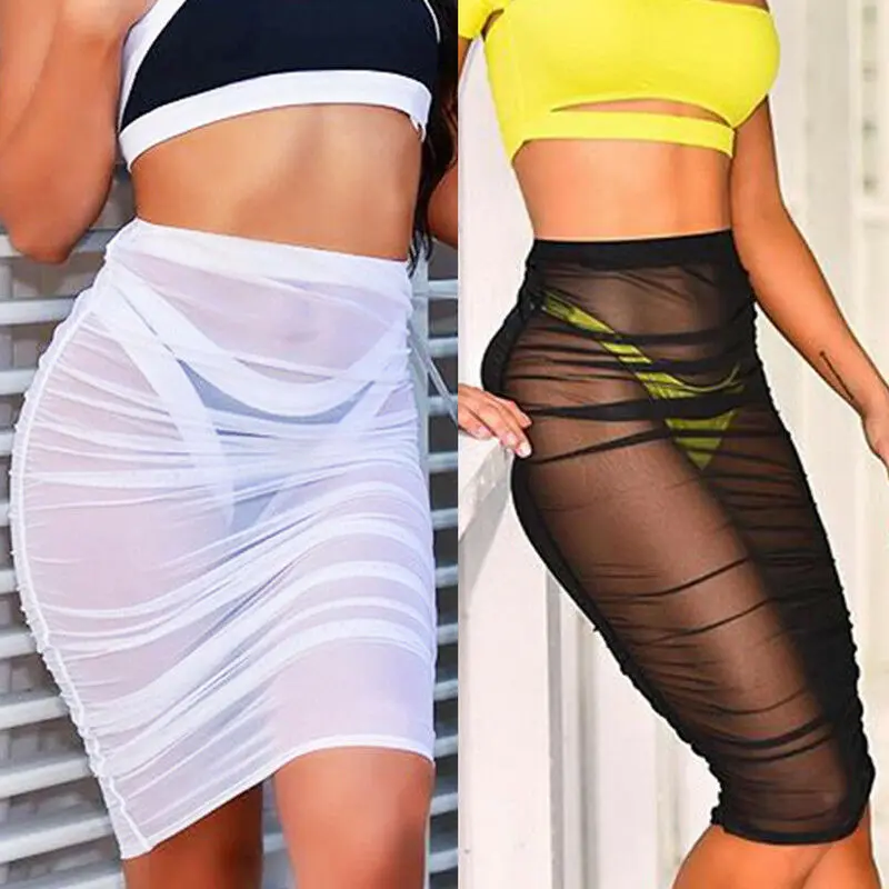 

Summer New Women Layer Beachwear Swimwear High Waist Plain Bikini Beach Perspective Cover Up Sun Skirt