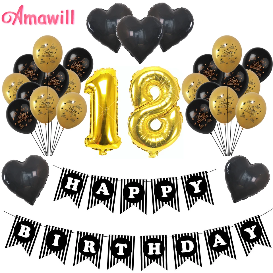 Amawill 18th День Рождения украшения для взрослых 32 дюймов Золотой номер шары черный с