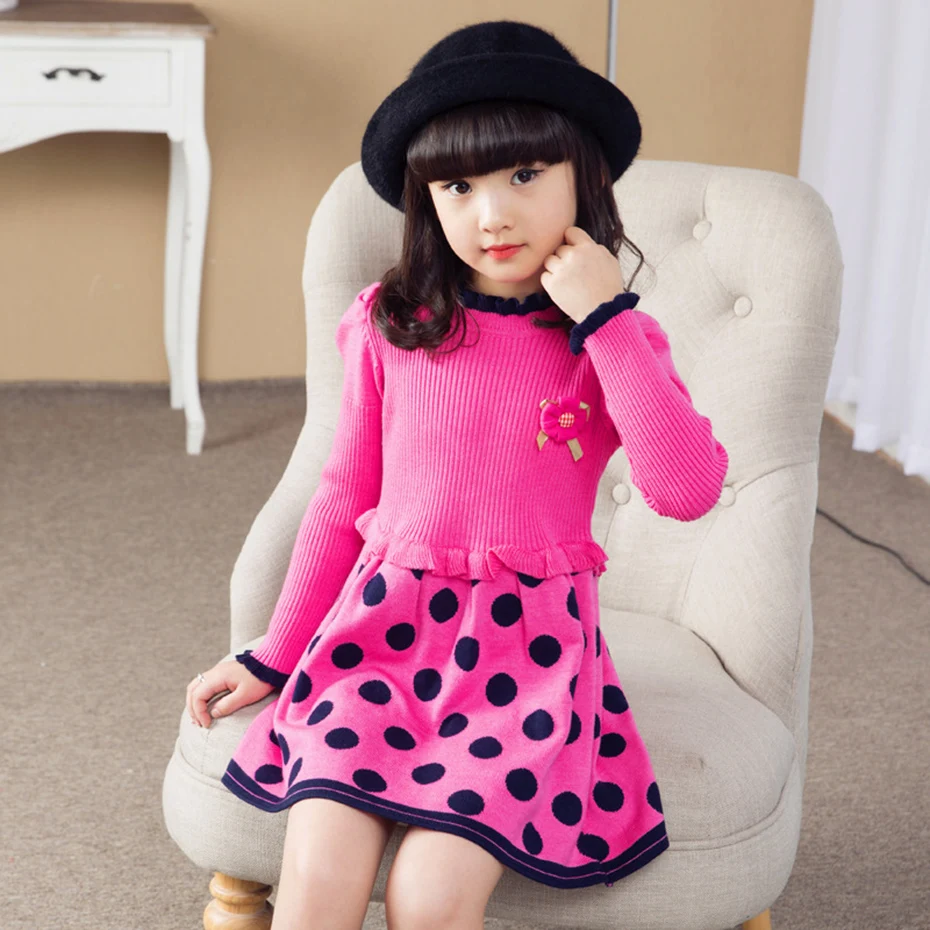 Dresses For Girls Dot Knitted Sweater Dress Party Kids Autumn Winter Christmas Clothes Girl 3 5 8 9 13 Years | Детская одежда и