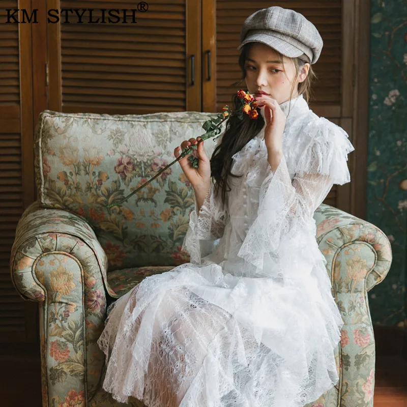 Новинка 2019 французское винтажное платье длиной до щиколотки с длинным рукавом