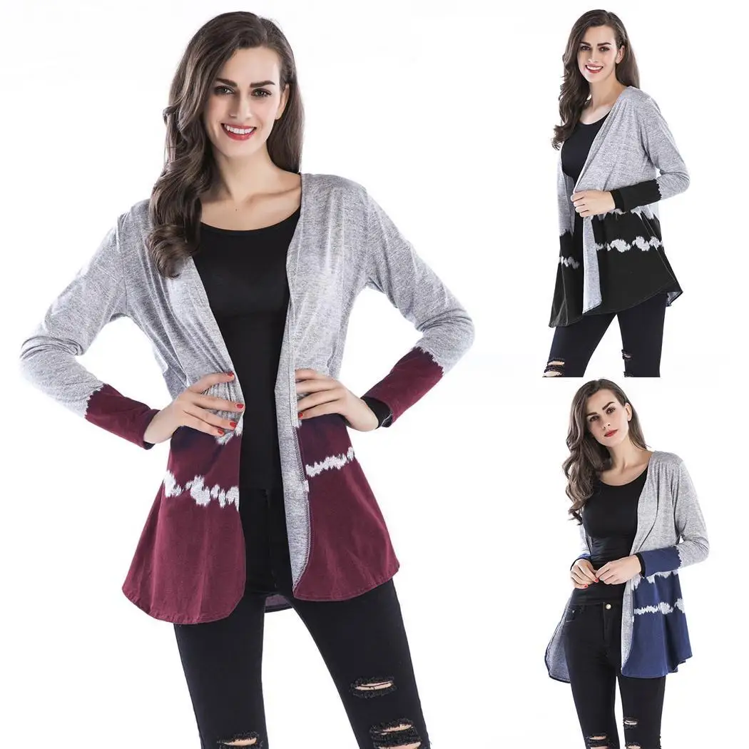 Women Casual Long Sleeve Top Gradient V-Neck Spring Autumn Wine Red Black Blue Color Patchwork Cardigan |